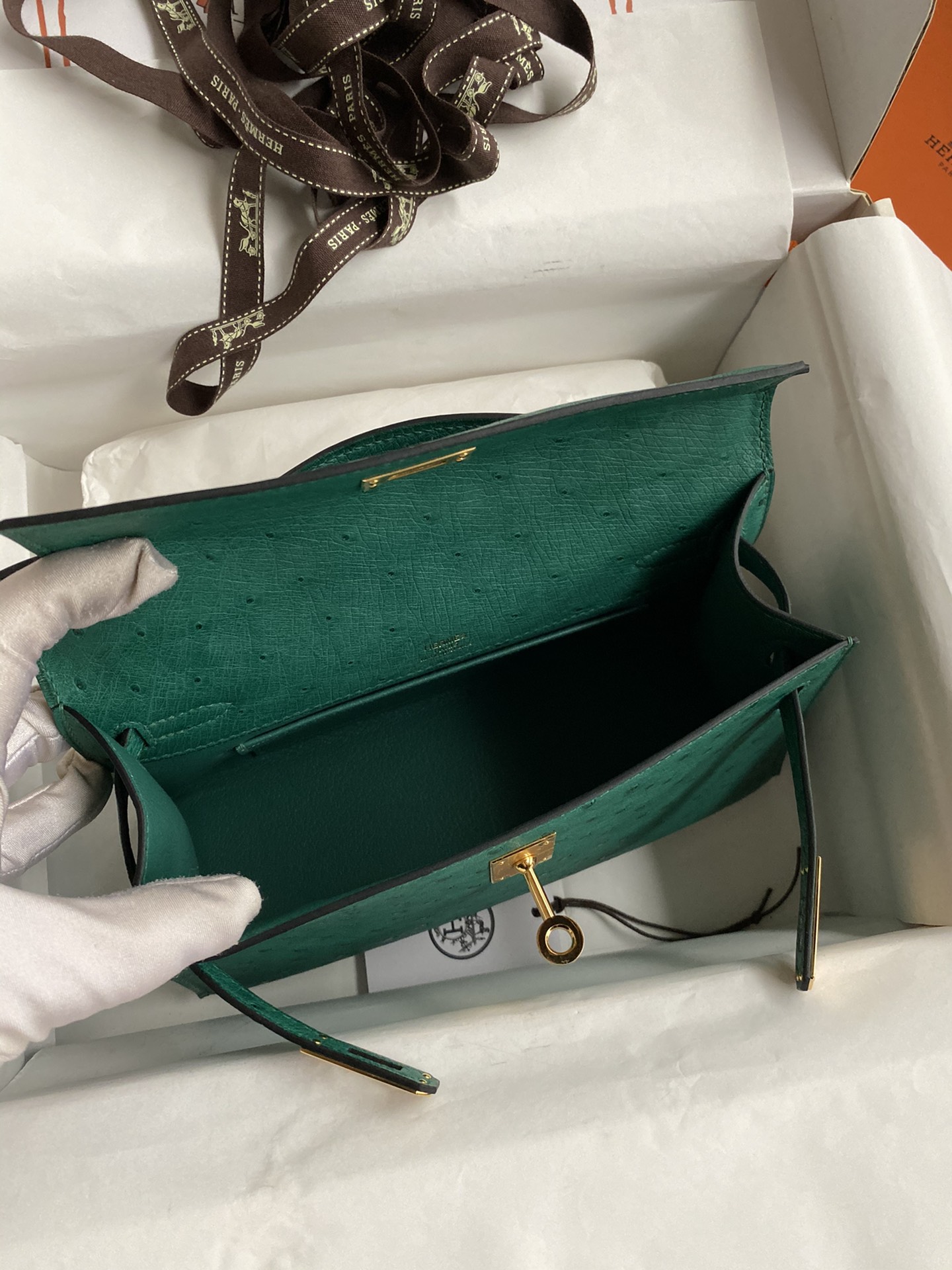 Hermes Mini Kelly Pochette 22cm Bag In Vert Vertigo Ostrich Leather